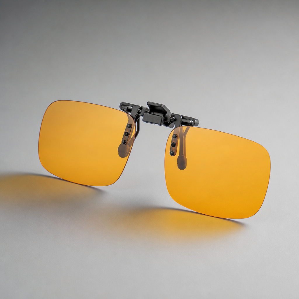 Amber clip-on blue light filter lenses for prescription glasses