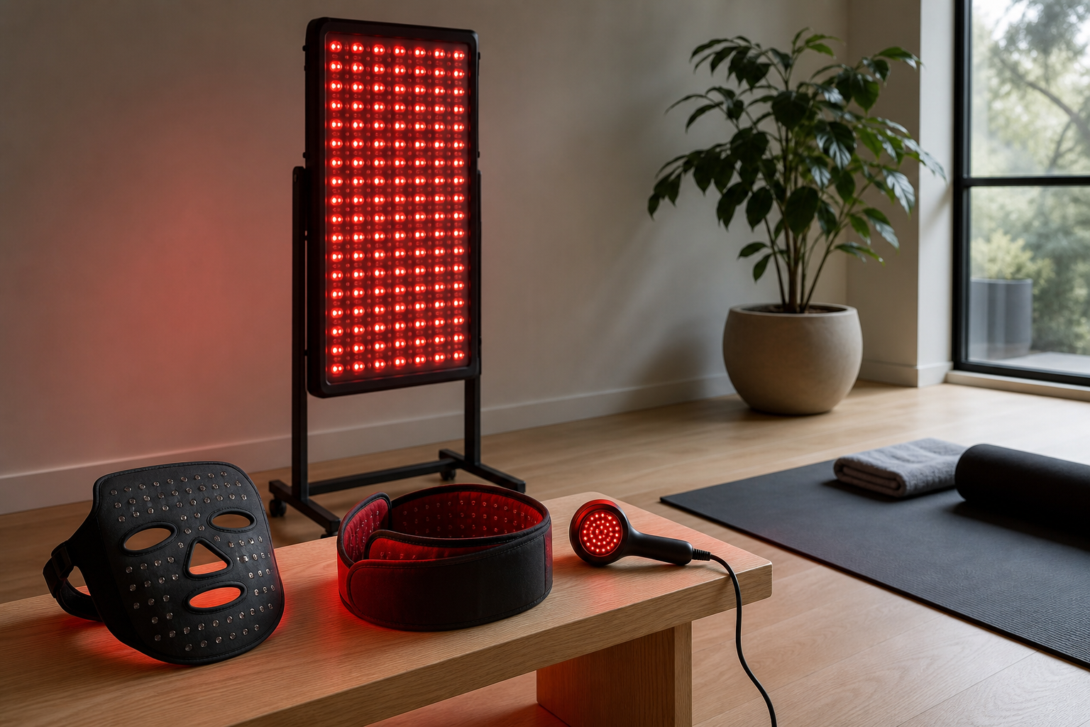 Red light therapy panel, LED face mask, and handheld device arranged in a home wellness studio