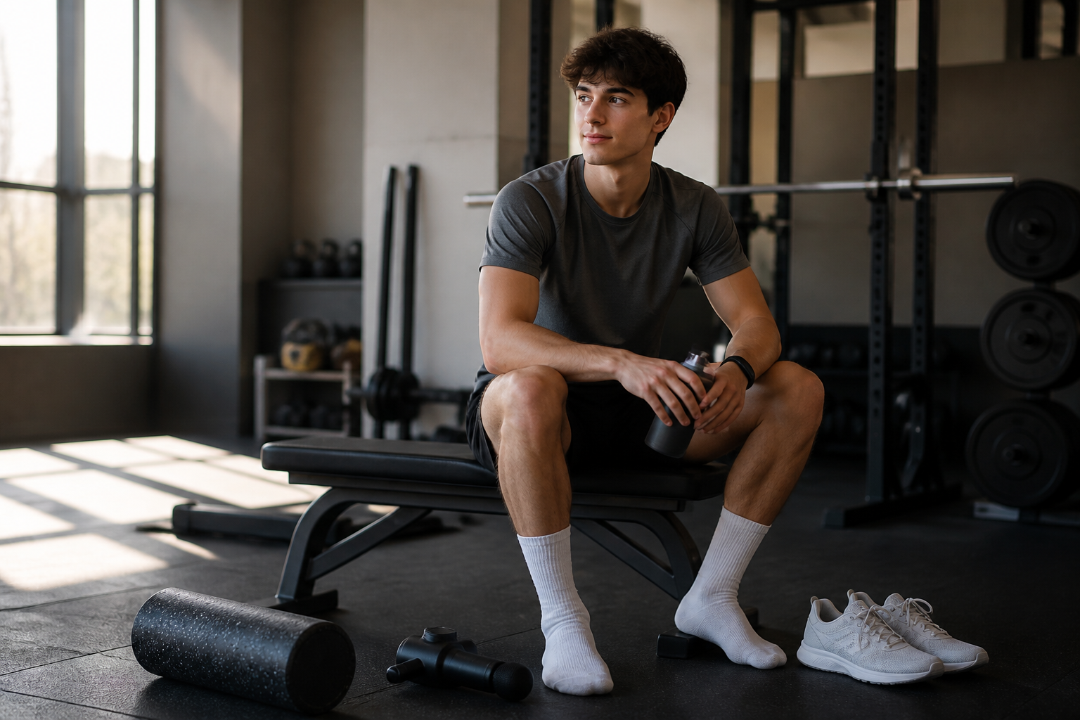 Young athlete resting after training beside a foam roller, massage gun, and walking shoes