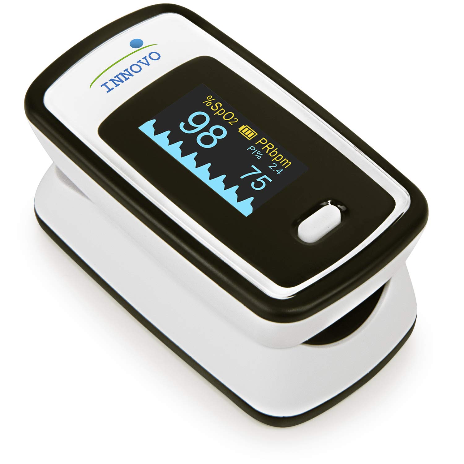Innovo Deluxe fingertip pulse oximeter showing SpO2 and pulse